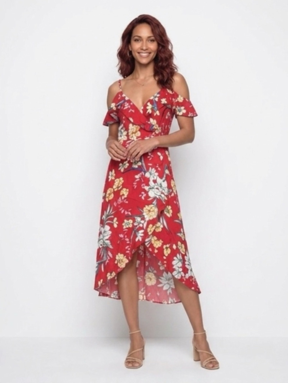 Bershka Red Floral Wrap Midi Dress